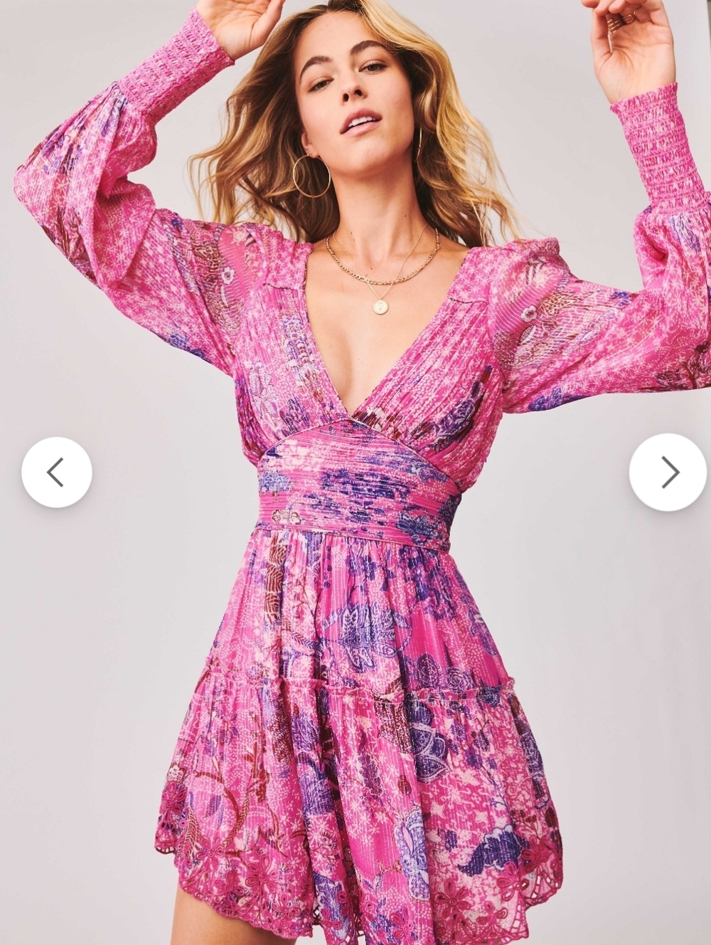 HEMANT AND NANDITA AMAL MINI FLOWY DRESS METALLIC V NECK LONG SLEEVES SZ SMALL